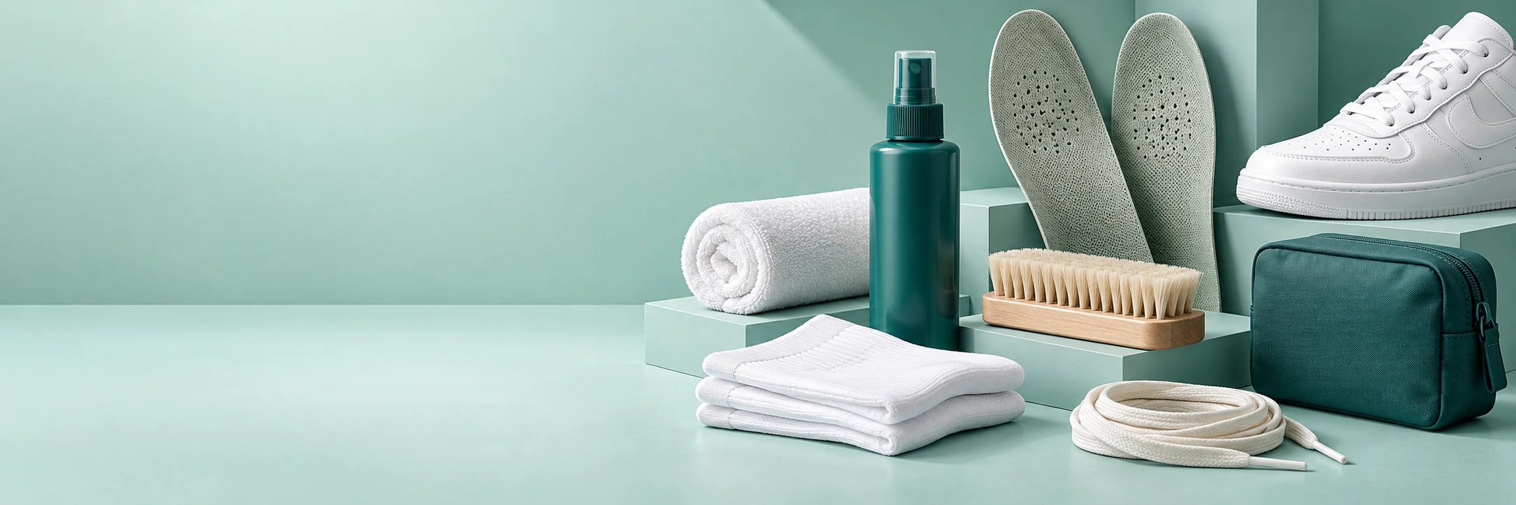 Teal sneaker care kit, insoles, socks and cleaning accessories