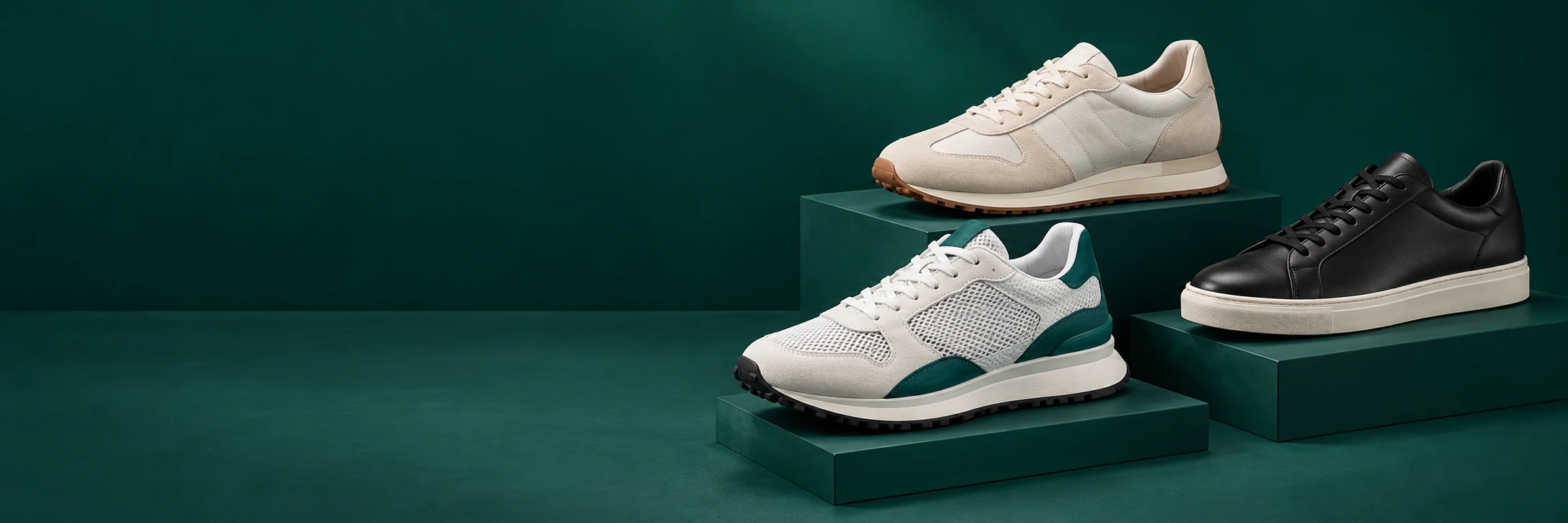 Cream, white and black sneakers on deep teal display stands